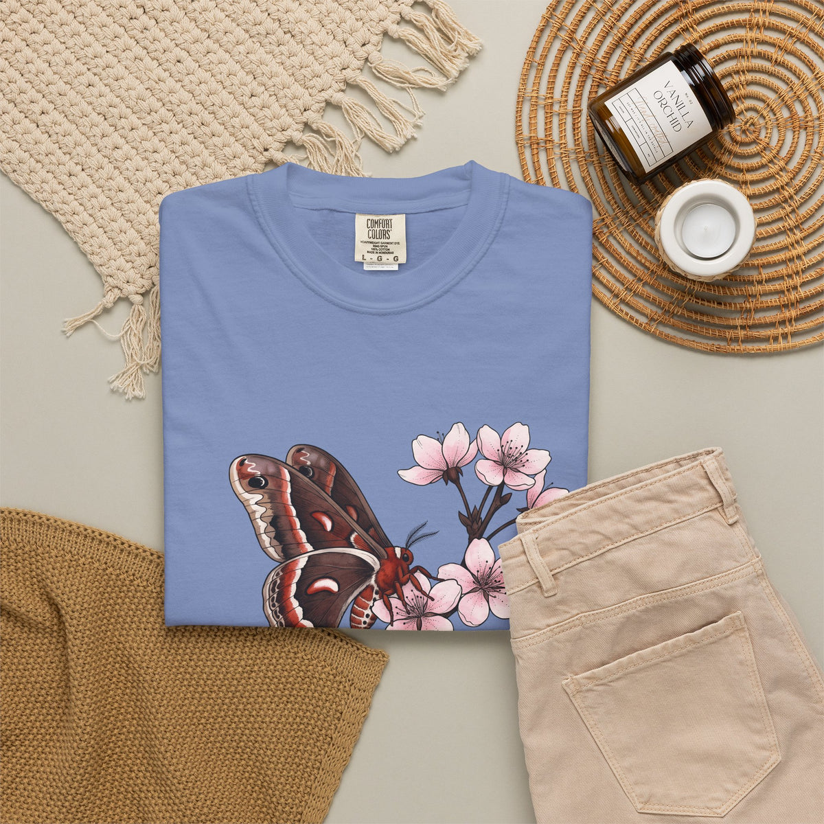Butterfly Cherry Blossoms T-Shirt Boho Chic Nature Gift Women Botanical T-Shirt Butterfly T-Shirt Hippie Fan Illustrative T-Shirt Environmental