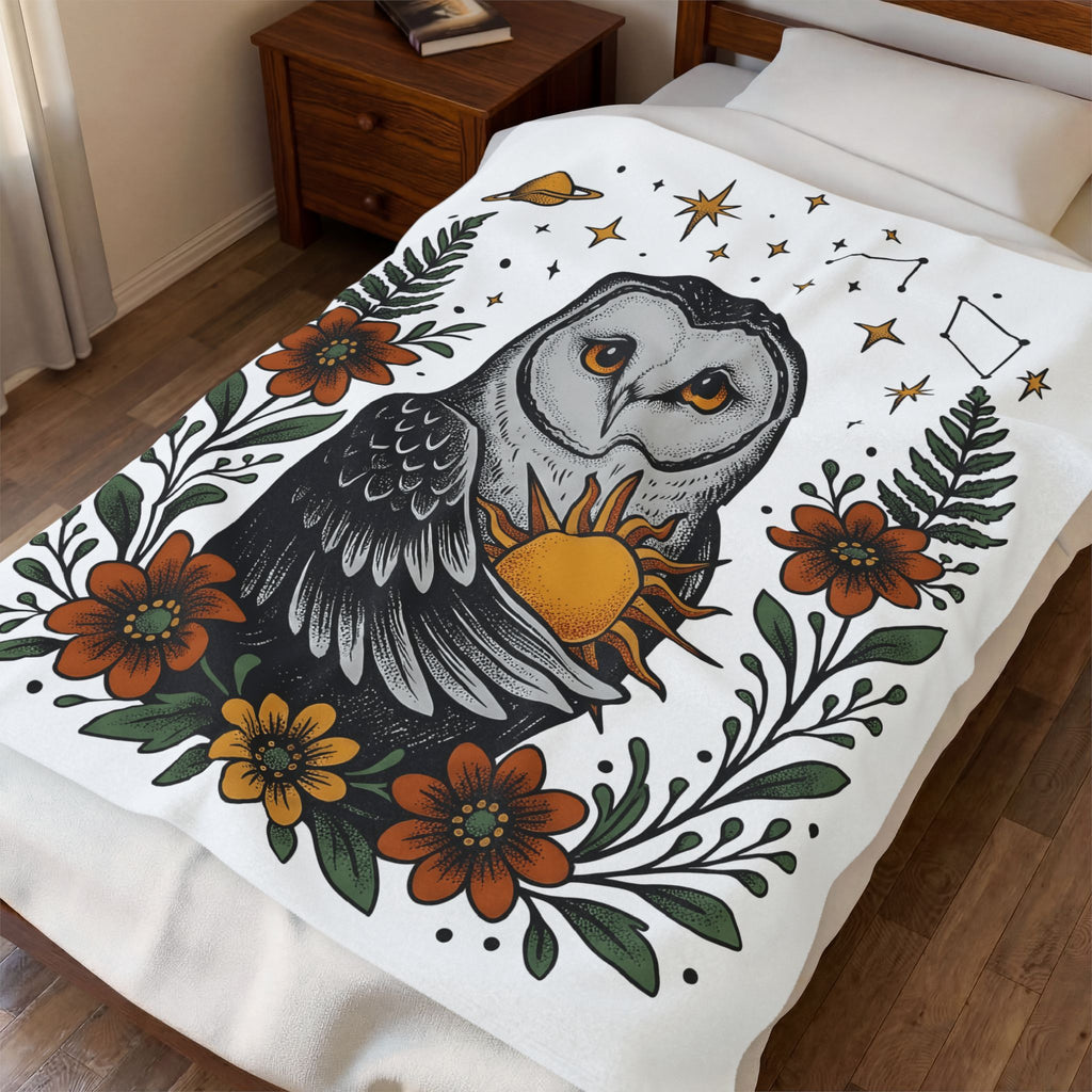 Owl Sun Boho Chic Nature Gift Boho Hoot Bohemian Fan Hippie Environmental Vintage Floral Blanket