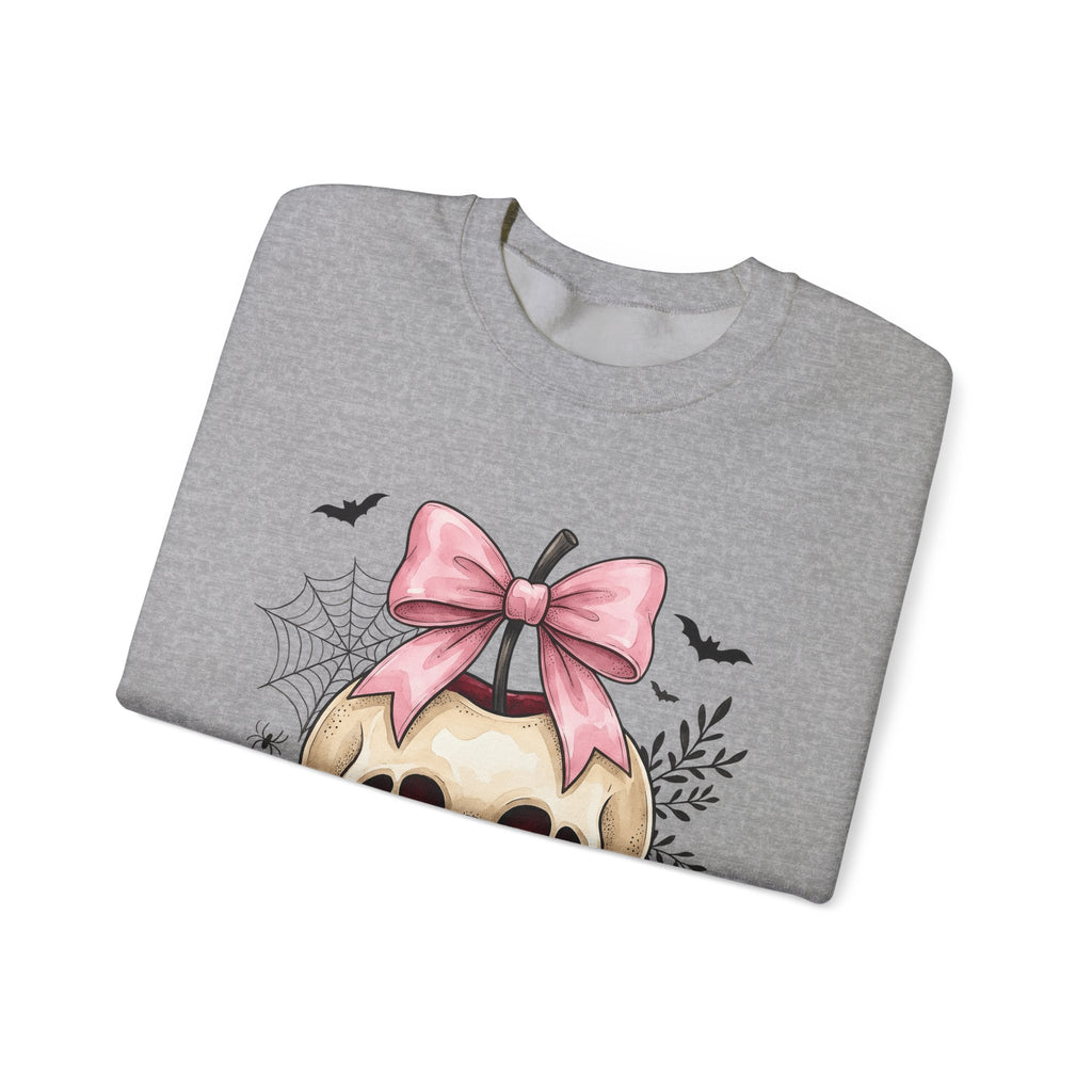 Skeleton Apple Sweatshirt Halloween Scary Gift Women Horror Sweatshirt Bone Sweatshirt Spooky Fan Macabre Sweatshirt Frightful Graphic Hand Drawn Pink Hair Bow