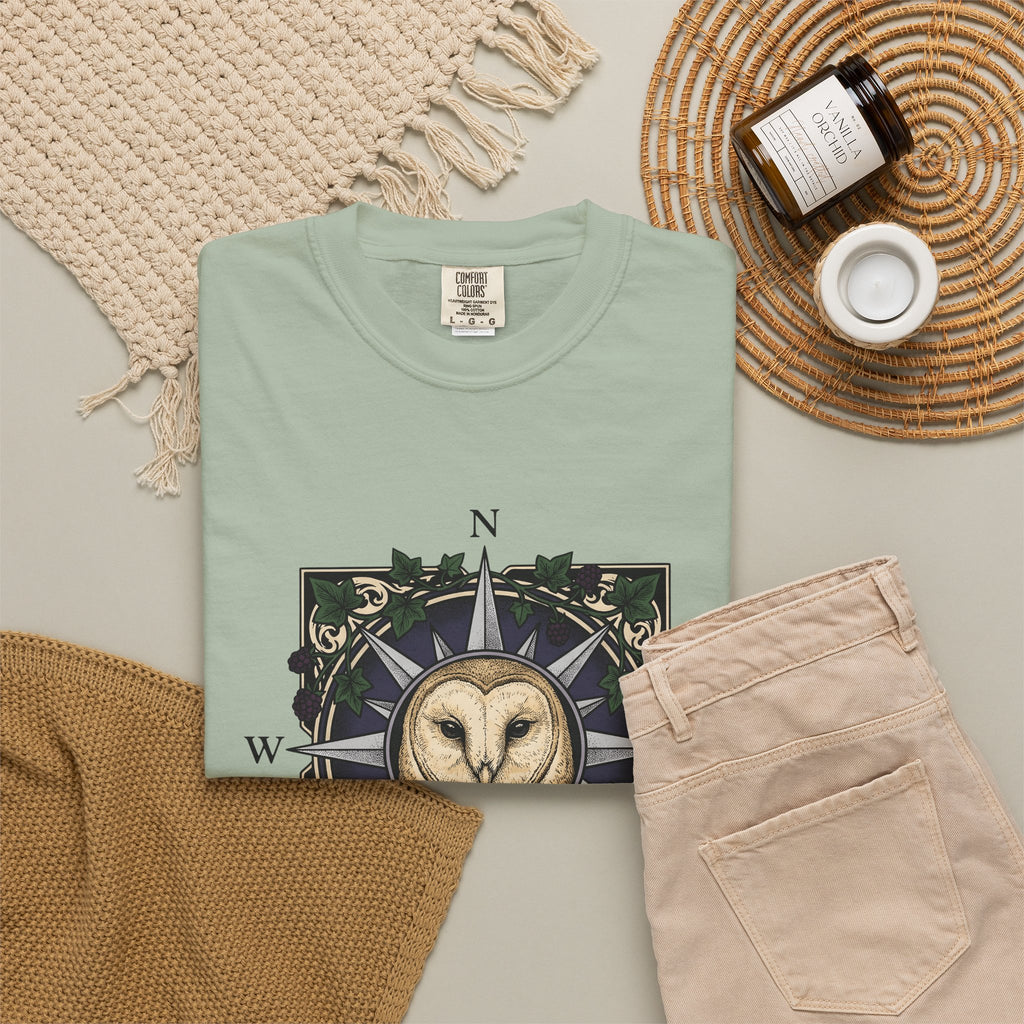 Owl Compass T-Shirt Boho Chic Wilderness Gift Women Enchanting T-Shirt Owl T-Shirt Bohemian Fan Mystical T-Shirt Wilderness Graphic Classic Leaf