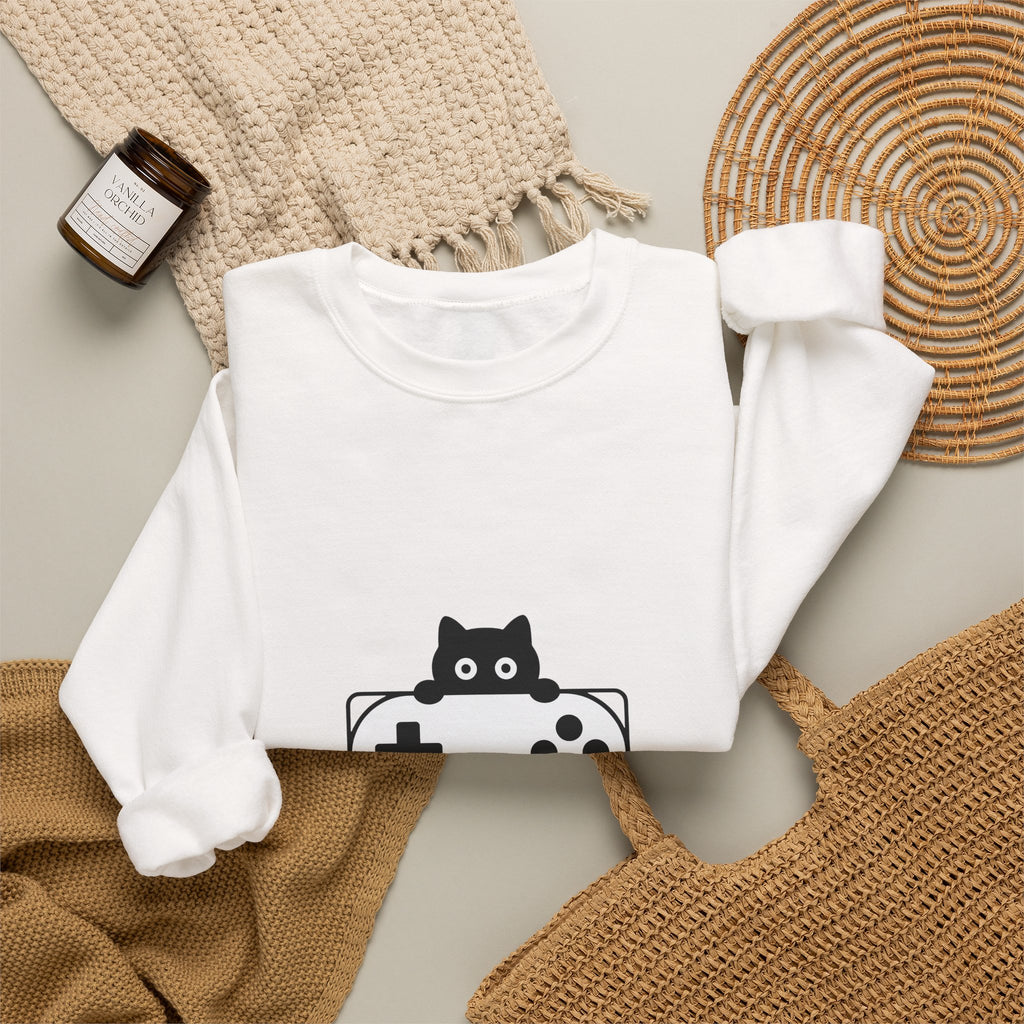 Cat Game Controller Sweatshirt Cat Gaming Gift Women Minimalist Sweatshirt Gamepad Sweatshirt Feline Fan Gamer Graphic Gamer Design Modern Video Game
