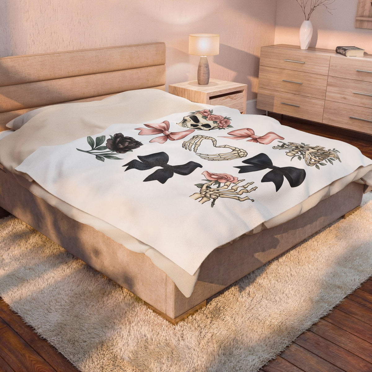 Skull Flower Halloween Dark Gift Watercolor Sugar Skull Horror Fan Gothic Dark Retro Bony Blanket