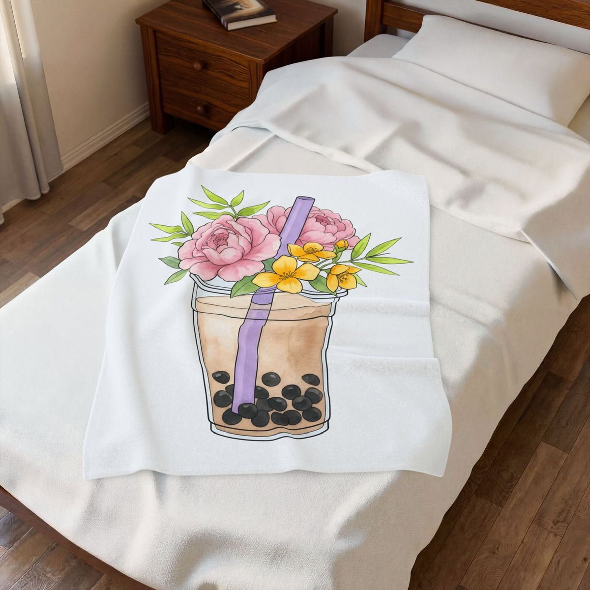 Tea Flower Bouquet Blanket Drinks Blossom Gift Women Acrylic Blanket Floral Arrangement Blanket Beverage Fan Painted Blanket Flower Graphic Line