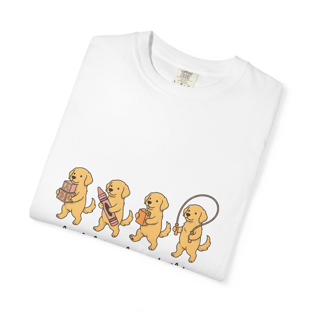 Golden Retriever Pups T-Shirt Teachers Companion Gift Women Caricature T-Shirt Puppy T-Shirt Educator Enthusiast Cartoon T-Shirt Buddy Graphic
