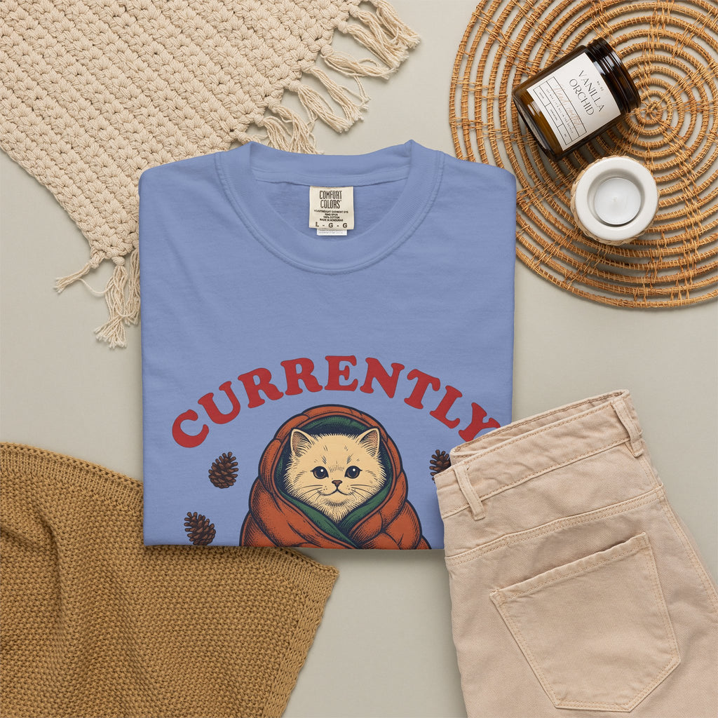 Warm Cat T-Shirt Cat Backpacking Gift Women Farmhouse T-Shirt Kitty T-Shirt Feline Fan Rustic T-Shirt Hiking Graphic Line Art Conifer Cones T-Shirt