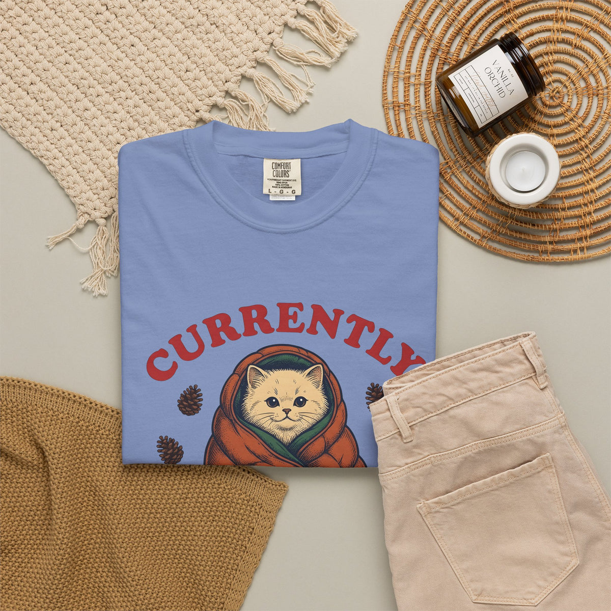Warm Cat T-Shirt Cat Backpacking Gift Women Farmhouse T-Shirt Kitty T-Shirt Feline Fan Rustic T-Shirt Hiking Graphic Line Art Conifer Cones T-Shirt