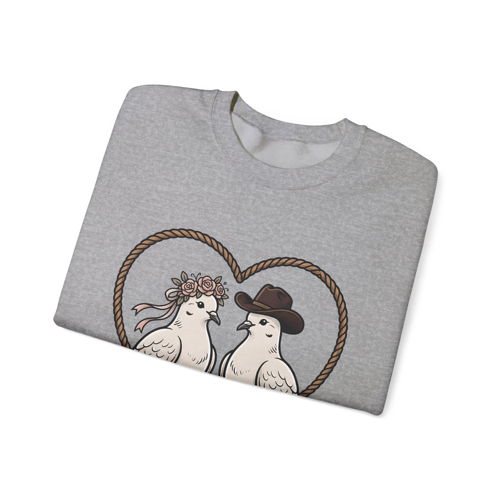 Dove Duo Sweatshirt Cowgirl Ranch Gift Women Classic Sweatshirt Pigeons Sweatshirt Rodeo Fan Rustic Graphic Sweatshirt Pen Drawing Braided Heart Sweatshirt