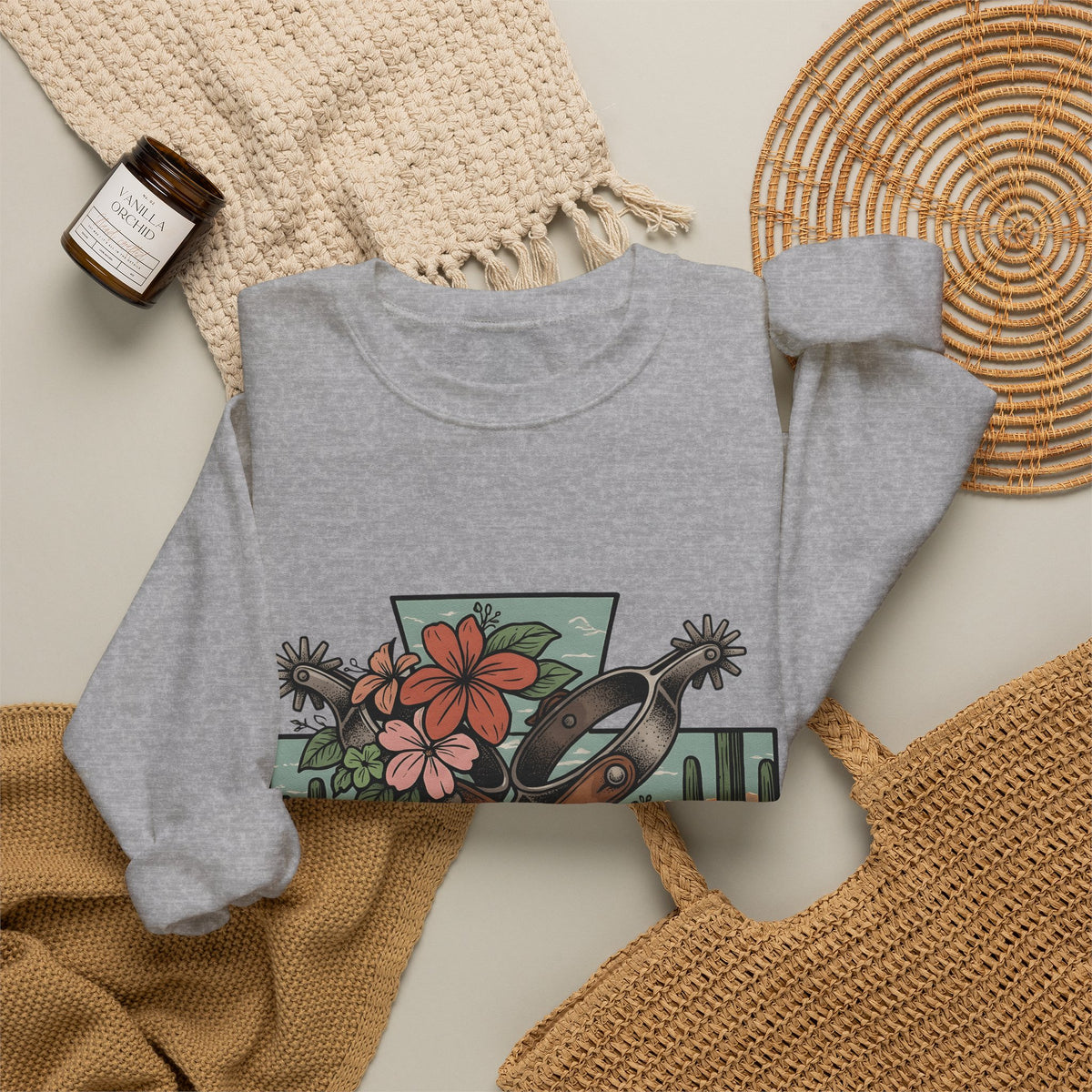 Leather Spurs Sweatshirt Cowgirl Garden Gift Women Tribal Sweatshirt Rowels Sweatshirt Cowboy Fan Primitive Sweatshirt Gardening Graphic Sketch Desert Plants