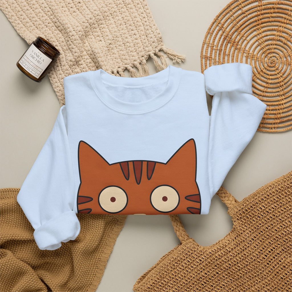Cat Face Sweatshirt Cat Humor Gift Women Cartoon Sweatshirt Kitten Sweatshirt Cat Fan Toon Sweatshirt Funny Graphic Minimalist Wide Eyes Sweatshirt