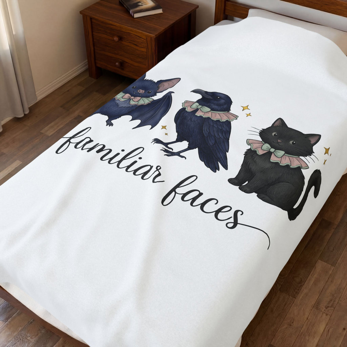 Bat Crow Cat Blanket Halloween Witch Gift Women Cute Blanket Animal Blanket Spooky Fan Cartoon Blanket Magical Graphic Hand
