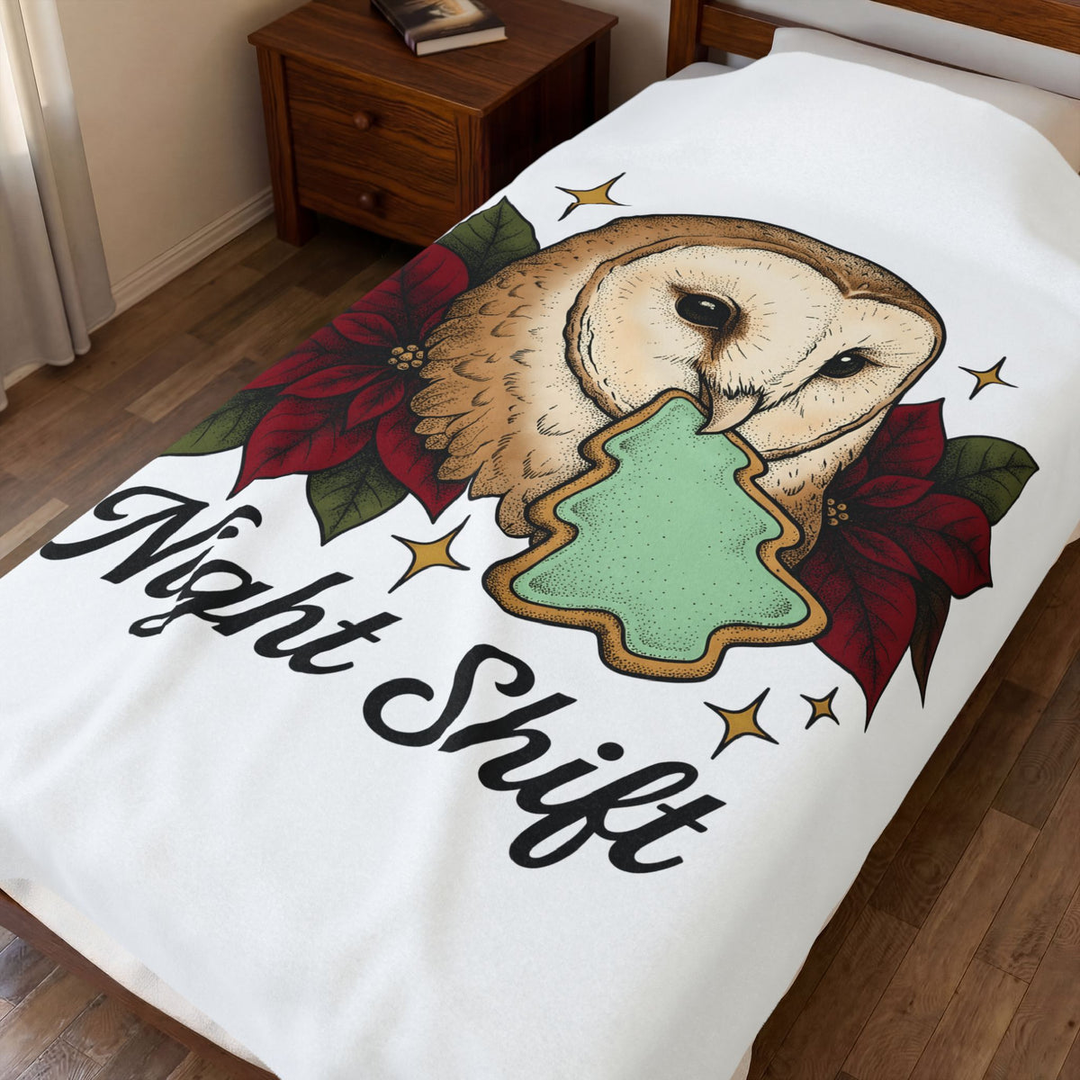 Owl Cookie Blanket Christmas Animal Gift Women Tattoo Blanket Owl Treat Blanket Xmas Fan Tattooed Blanket Wildlife Graphic Vintage Poinsettia