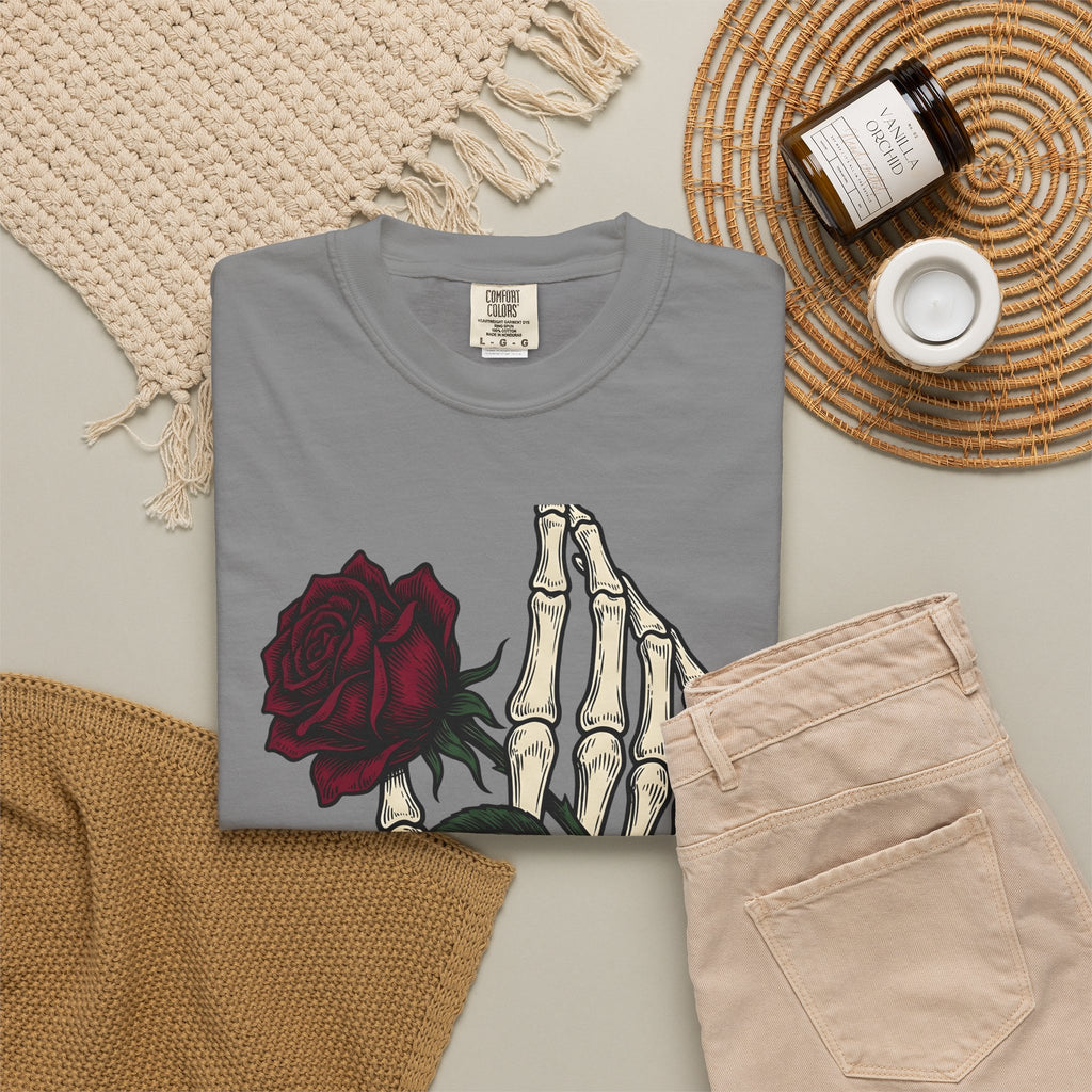 Skeleton Hand T-Shirt Halloween Gothic Gift Women Tattoo T-Shirt Bony Finger T-Shirt Horror Fan Ink T-Shirt Dark Graphic Vintage Rose T-Shirt