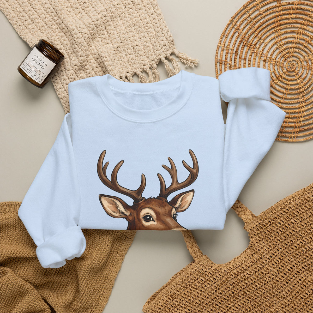 Stag Christmas Fauna Gift Cartoon Deer Xmas Fan Reindeer Hand Painted Holiday Bells Sweatshirt