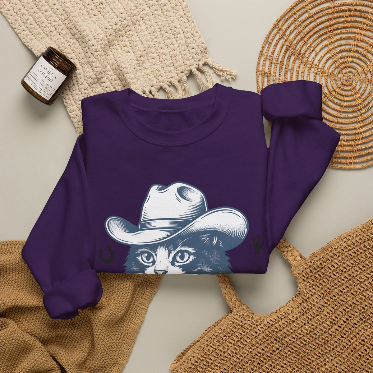 Western Cat Sweatshirt Cat Cowboy Gift Women Distressed Sweatshirt Kitty Sweatshirt Cat Fan Frayed Sweatshirt Rodeo Graphic Doodle Desert Plant Sweatshirt