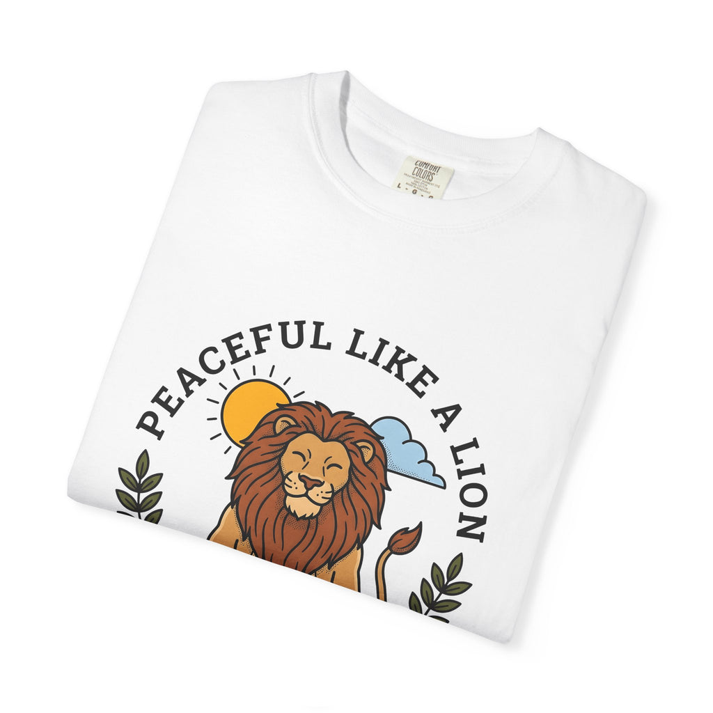 Meditating Lion T-Shirt Yoga Mindfulness Gift Women Cartoon T-Shirt Lioness T-Shirt Yoga Enthusiast Comic T-Shirt Meditation Graphic Minimalist Sun