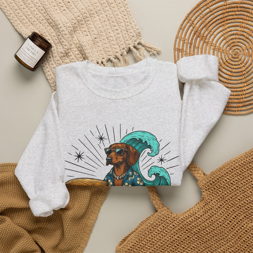 Dachshund Surfer Sweatshirt Dog Holiday Gift Women Animated Sweatshirt Wiener Dog Sweatshirt Dog Fan Cartoon Sweatshirt Vacation Graphic Retro Surfboard Sweatshirt