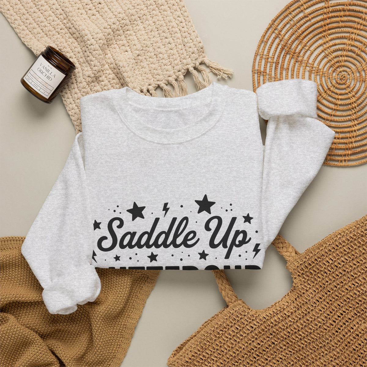 Cowboy Motto Sweatshirt Cowgirl Barnyard Gift Women Thick Sweatshirt Proverb Sweatshirt Cowgirl Fan Rustic Sweatshirt Farm Graphic Nostalgic Star Symbols