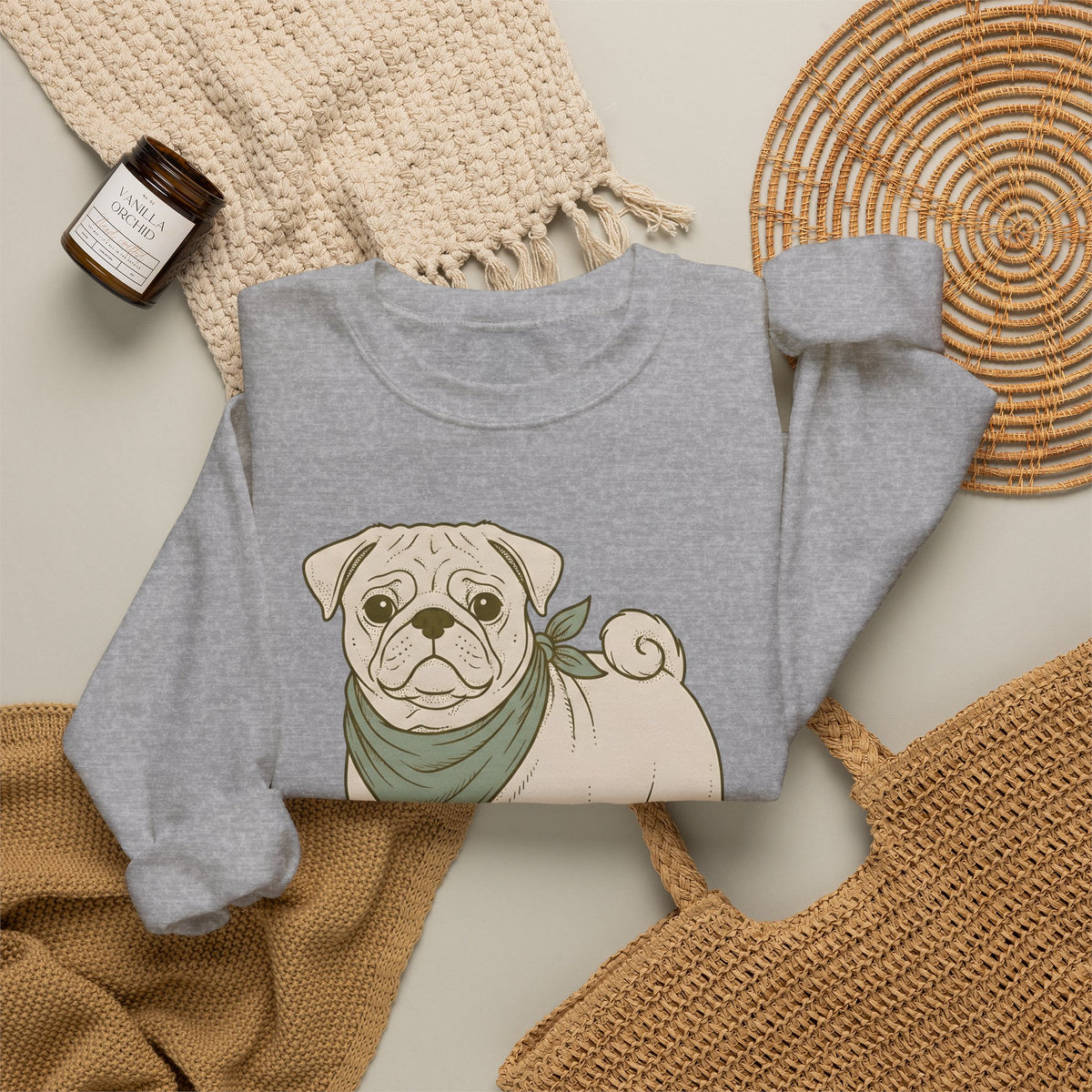 Pug Dog Sweatshirt Dog Pets Gift Women Hand Drawn Sweatshirt Puggle Sweatshirt Dog Fan Mop Dog Graphic Pet Design Illustration Minimalist Bandana Sweatshirt
