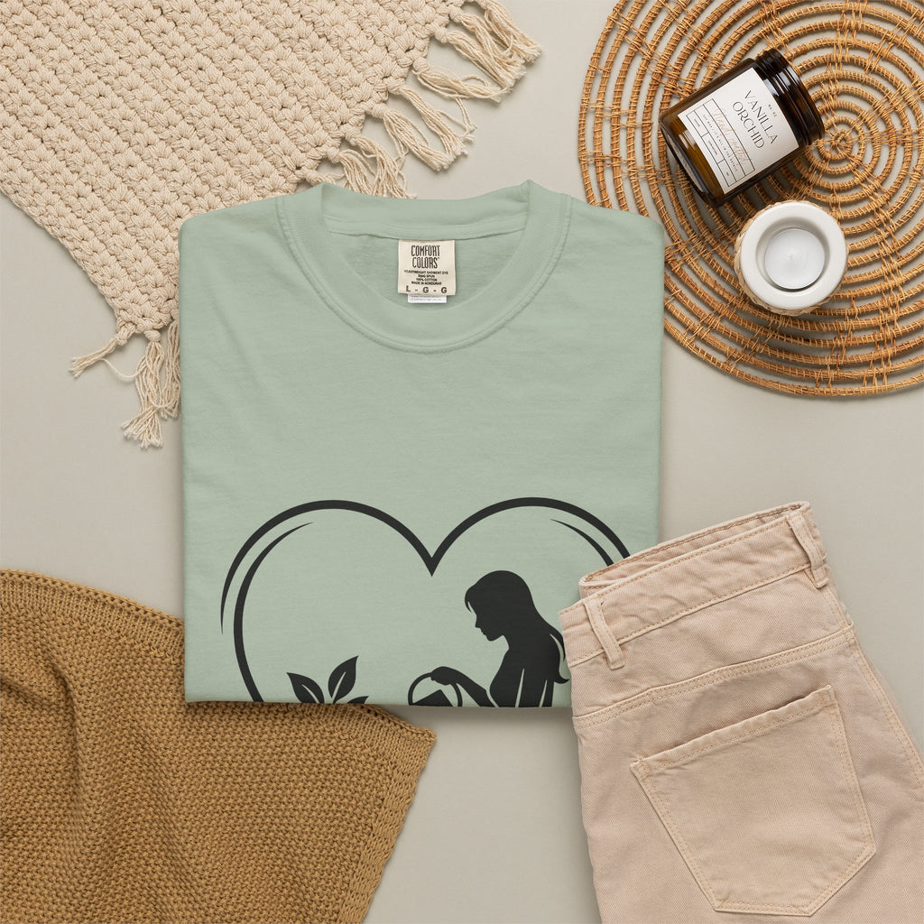 Girl Watering Flower T-Shirt Moms Plants Gift Women Outline T-Shirt Gardener T-Shirt Motherhood Enthusiast Sketch T-Shirt Botanical Graphic Modern