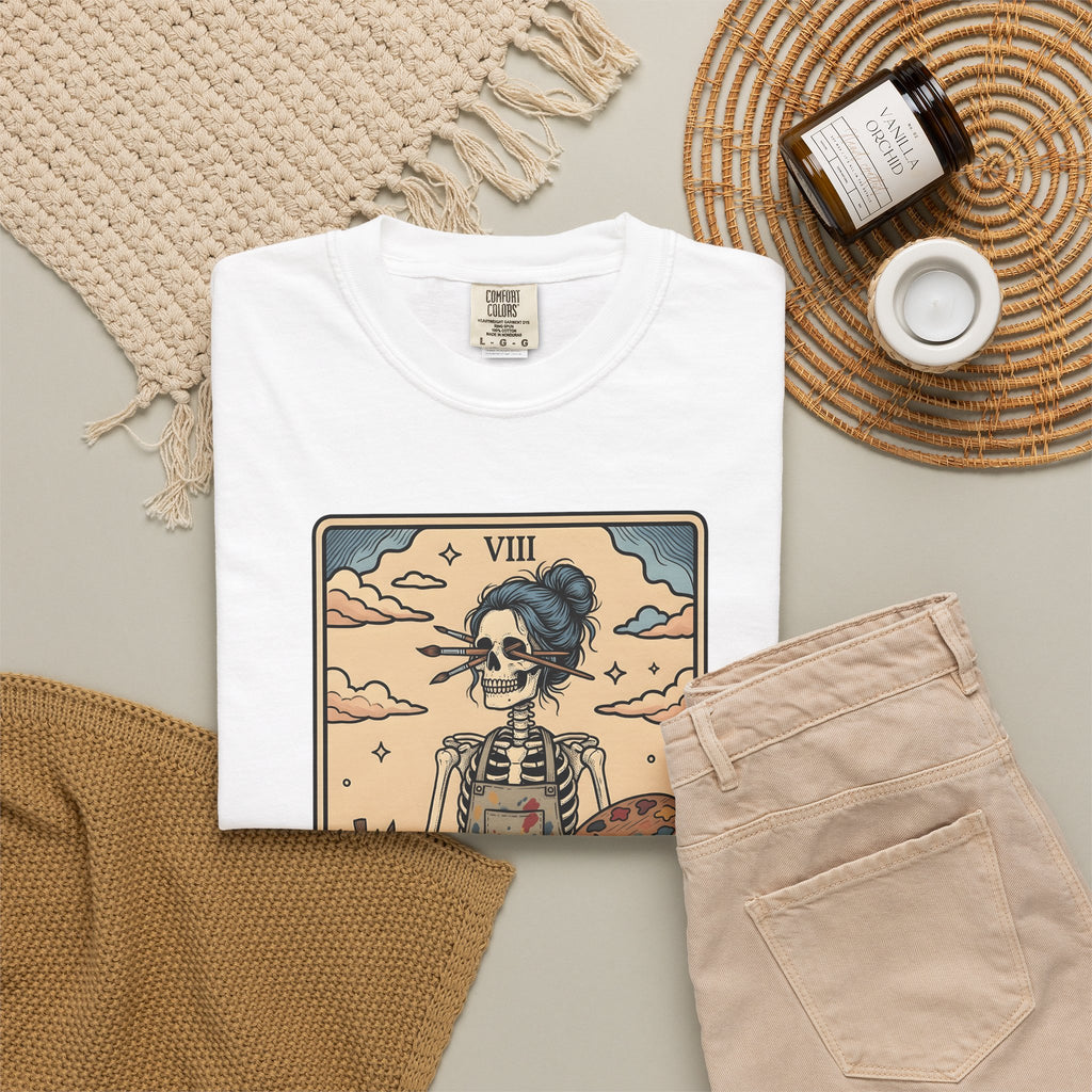Skeleton Artist T-Shirt Artist Gothic Gift Women Tarot Card T-Shirt Skeleton T-Shirt Art Enthusiast Occult Graphic T-Shirt Vintage Sunflower T-Shirt