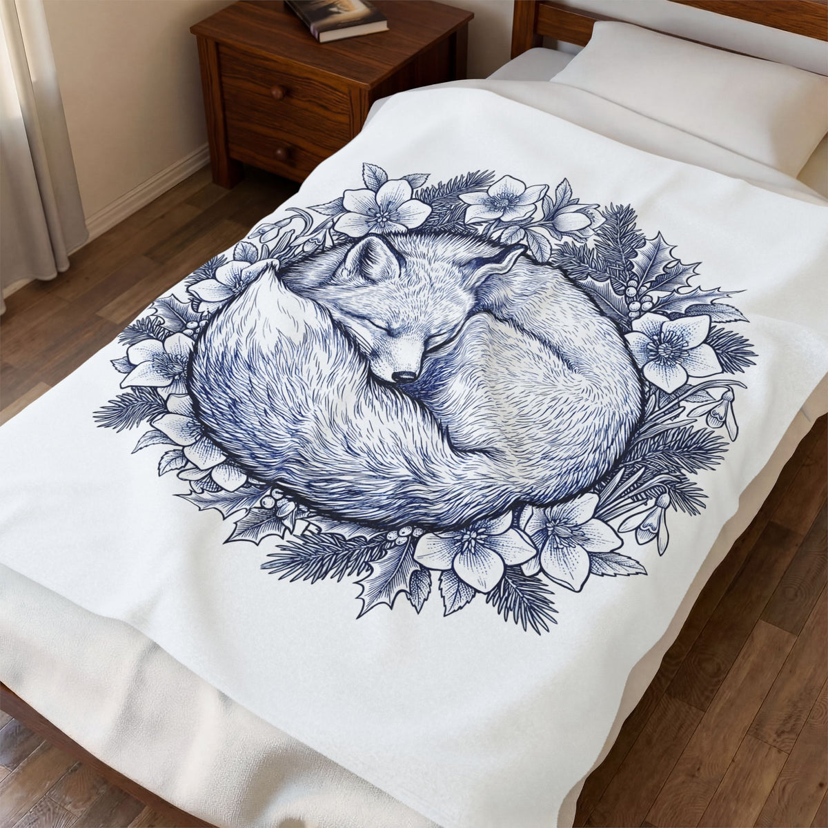 Fox Blossom Blanket Christmas Creature Gift Women Cartoon Blanket Flower Blanket Xmas Fan Comic Blanket Beast Graphic Hand Drawn Pine Branch Blanket