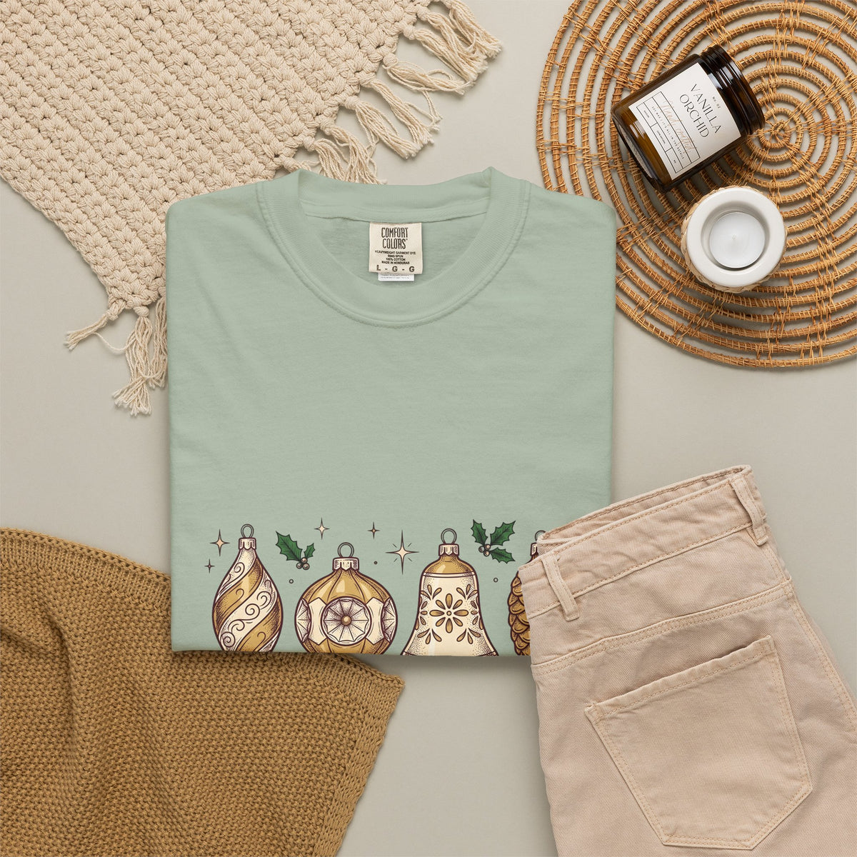 Festive Ornaments T-Shirt Christmas Event Gift Women Line Art T-Shirt Baubles T-Shirt Xmas Fan Illustration Graphic T-Shirt Hand Painted Pine