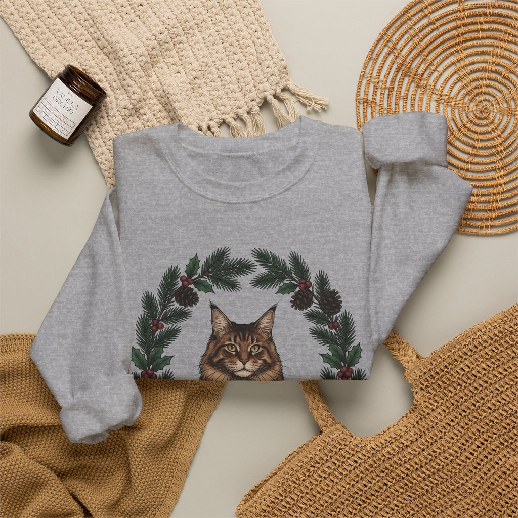 Maine Coon Kitten Sweatshirt Cat Holiday Gift Women Floral Sweatshirt Kitten Sweatshirt Cat Fan Fancy Sweatshirt Christmas Graphic Retro Pine Twigs Sweatshirt