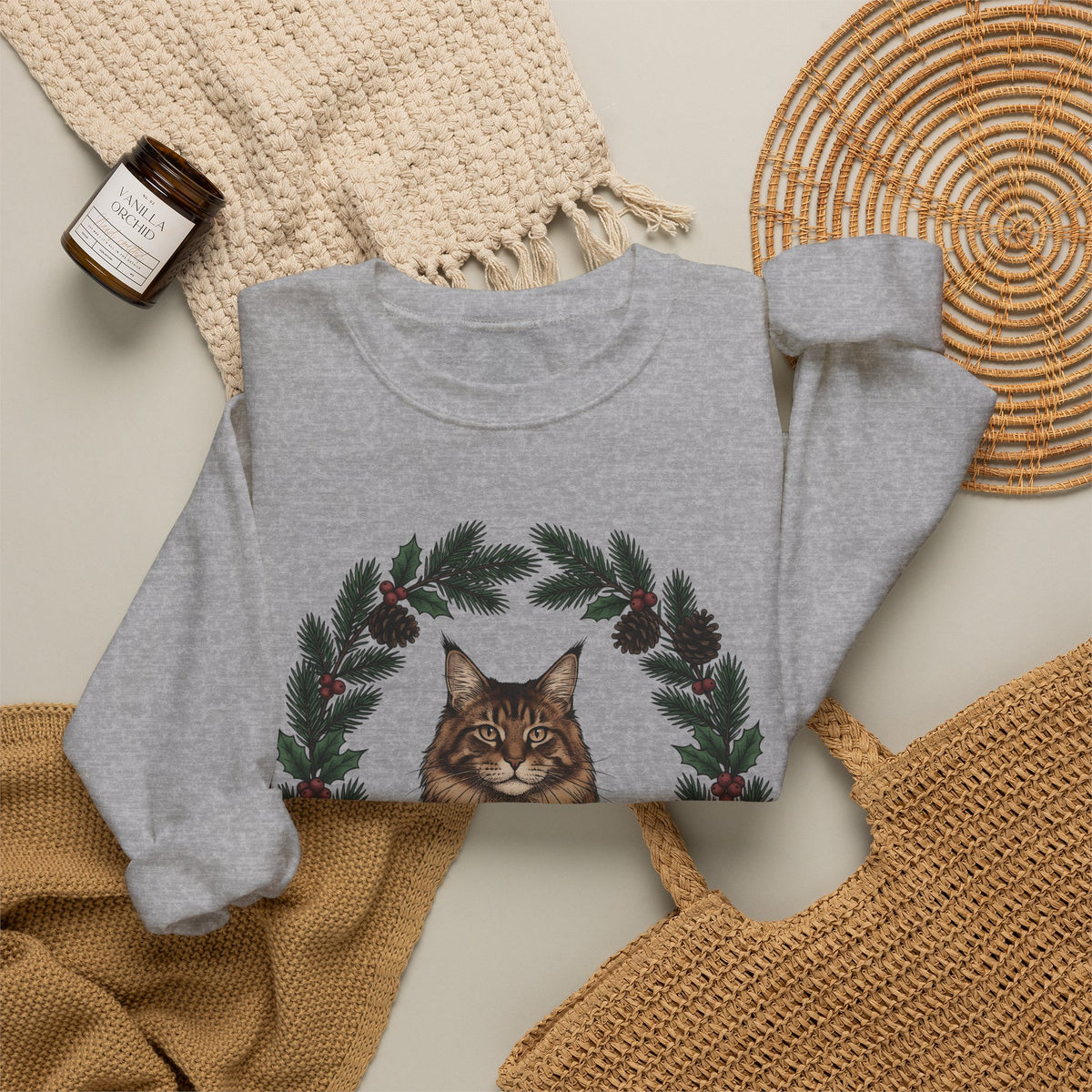 Maine Coon Kitten Sweatshirt Cat Holiday Gift Women Floral Sweatshirt Kitten Sweatshirt Cat Fan Fancy Sweatshirt Christmas Graphic Retro Pine Twigs Sweatshirt