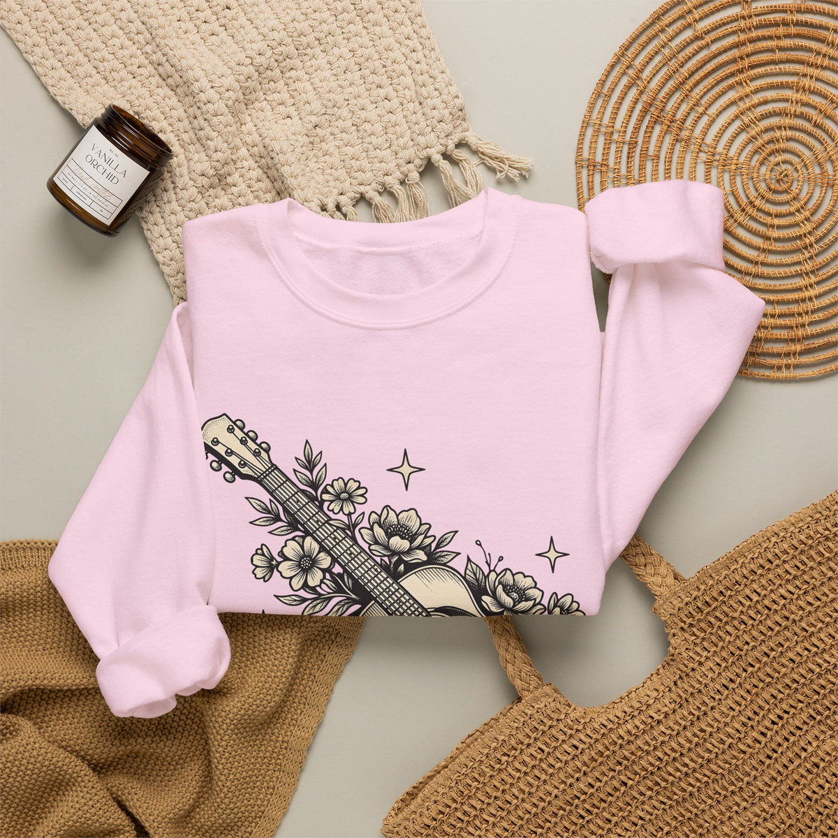 Blossom Guitar Sweatshirt Floral Melody Gift Women Illustrative Sweatshirt Guitar Sweatshirt Flower Fan Illustrated Sweatshirt Harmony Graphic Old School Star