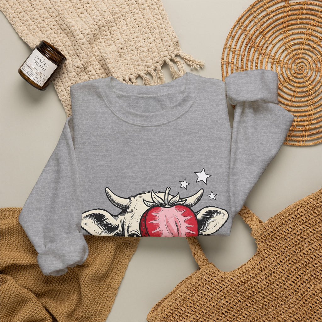 Cow Strawberry Sweatshirt Cute Animal Gift Women Hand Drawn Sweatshirt Cow Sweatshirt Adorable Fan Illustrated Sweatshirt Creature Graphic Whimsical Stars