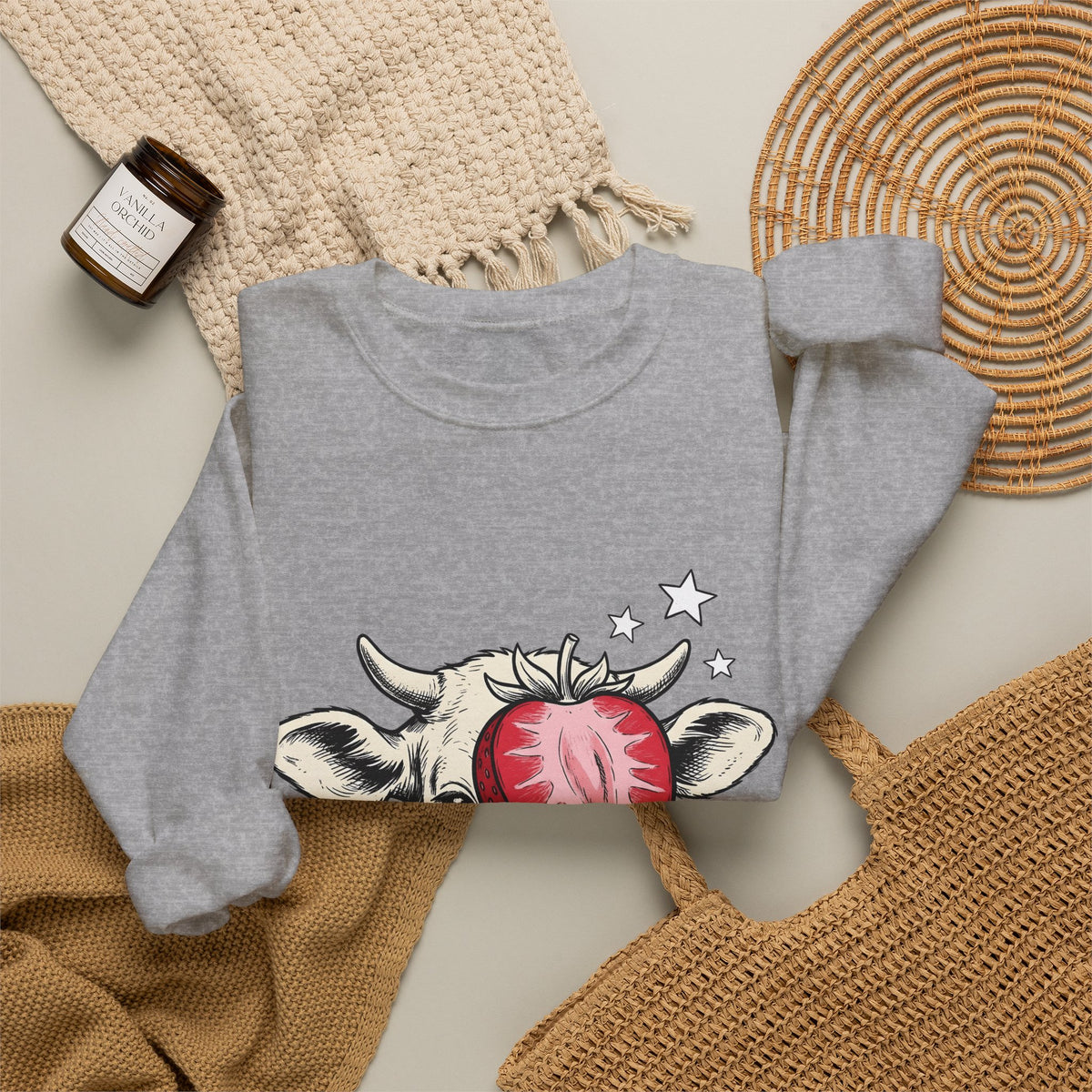 Cow Strawberry Sweatshirt Cute Animal Gift Women Hand Drawn Sweatshirt Cow Sweatshirt Adorable Fan Illustrated Sweatshirt Creature Graphic Whimsical Stars