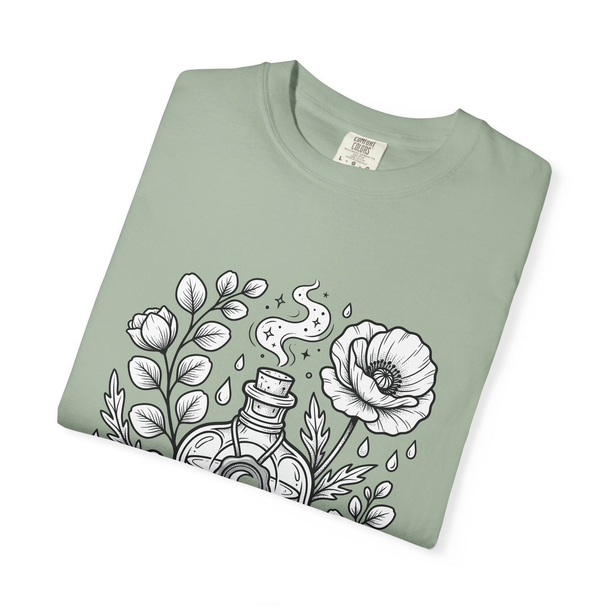 Magic Bottle T-Shirt Halloween Spells Gift Women Sketch T-Shirt Genie Bottle T-Shirt Horror Fan Mystic Drawing Graphic Retro Flower T-Shirt