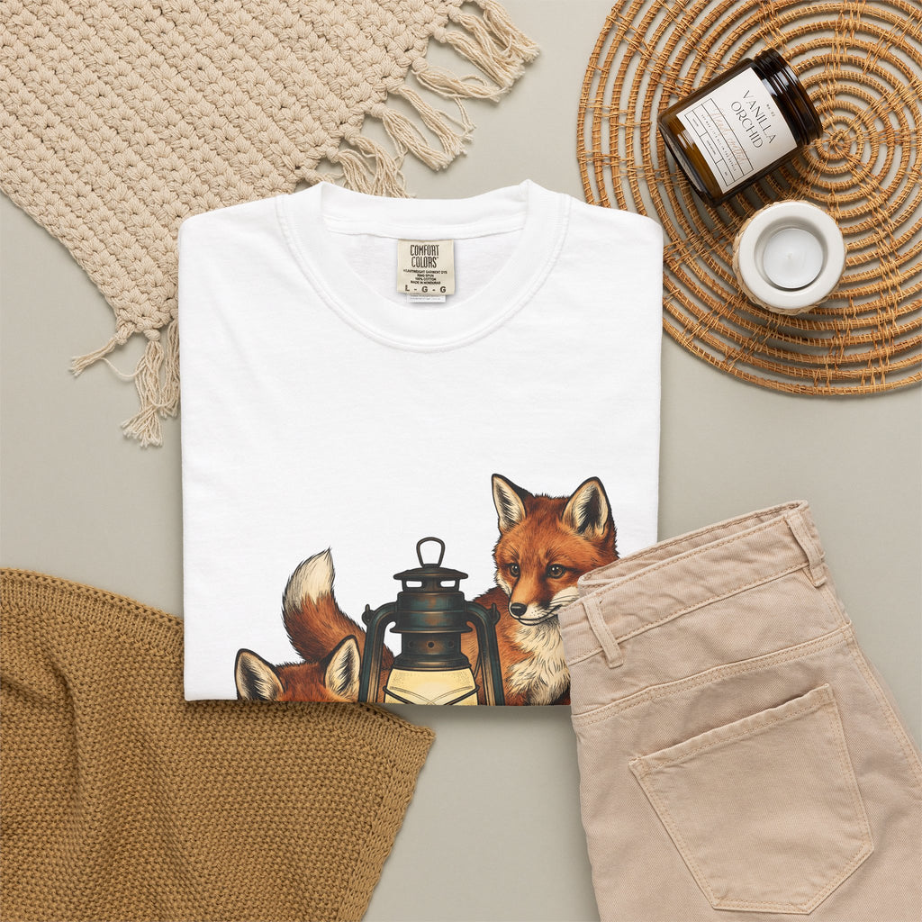 Fox Light T-Shirt Halloween Nature Gift Women Hand Drawn T-Shirt Lamp T-Shirt Spooky Fan Illustrated T-Shirt Wilderness Graphic Doodle Maple Leaves