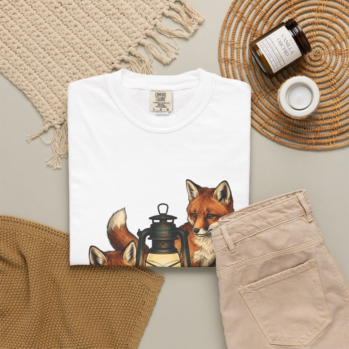 Fox Light T-Shirt Halloween Nature Gift Women Hand Drawn T-Shirt Lamp T-Shirt Spooky Fan Illustrated T-Shirt Wilderness Graphic Doodle Maple Leaves
