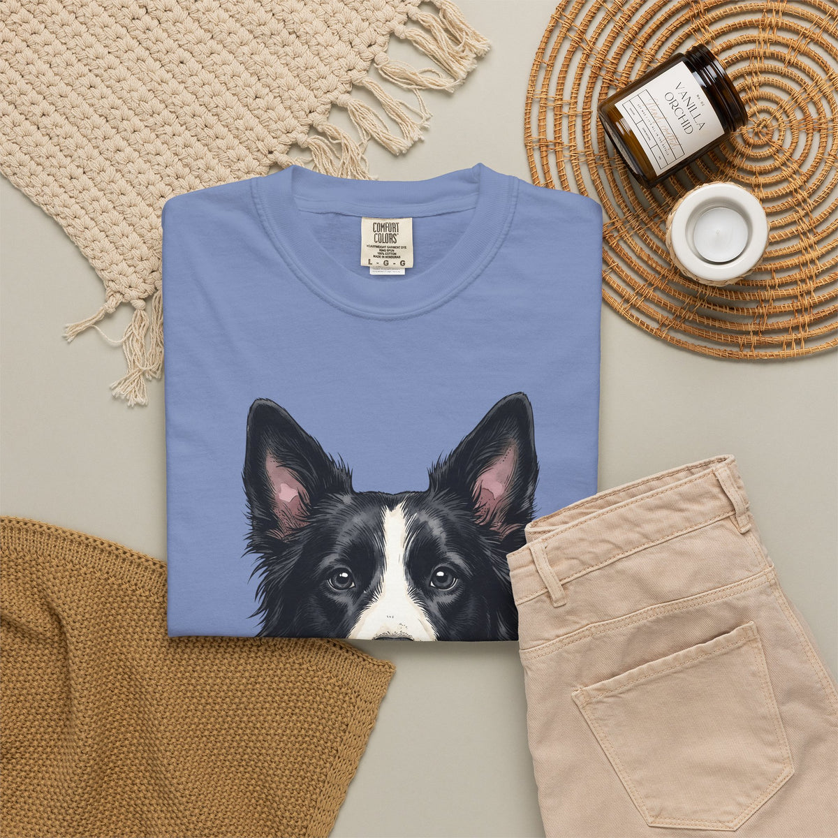 Border Collie Puppy T-Shirt Dog Pets Gift Women Line Art T-Shirt Puppy T-Shirt Dog Fan Collie T-Shirt Animal Graphic Hand Drawn Woven Collar T-Shirt