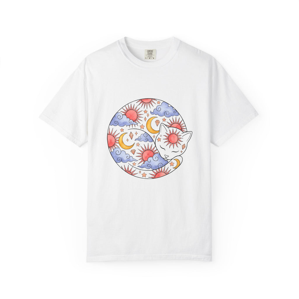 Space Cat T-Shirt Cat Constellation Gift Women Earthy T-Shirt Kitty T-Shirt Cat Fan Feline T-Shirt Galaxy Graphic Pigment Orb T-Shirt