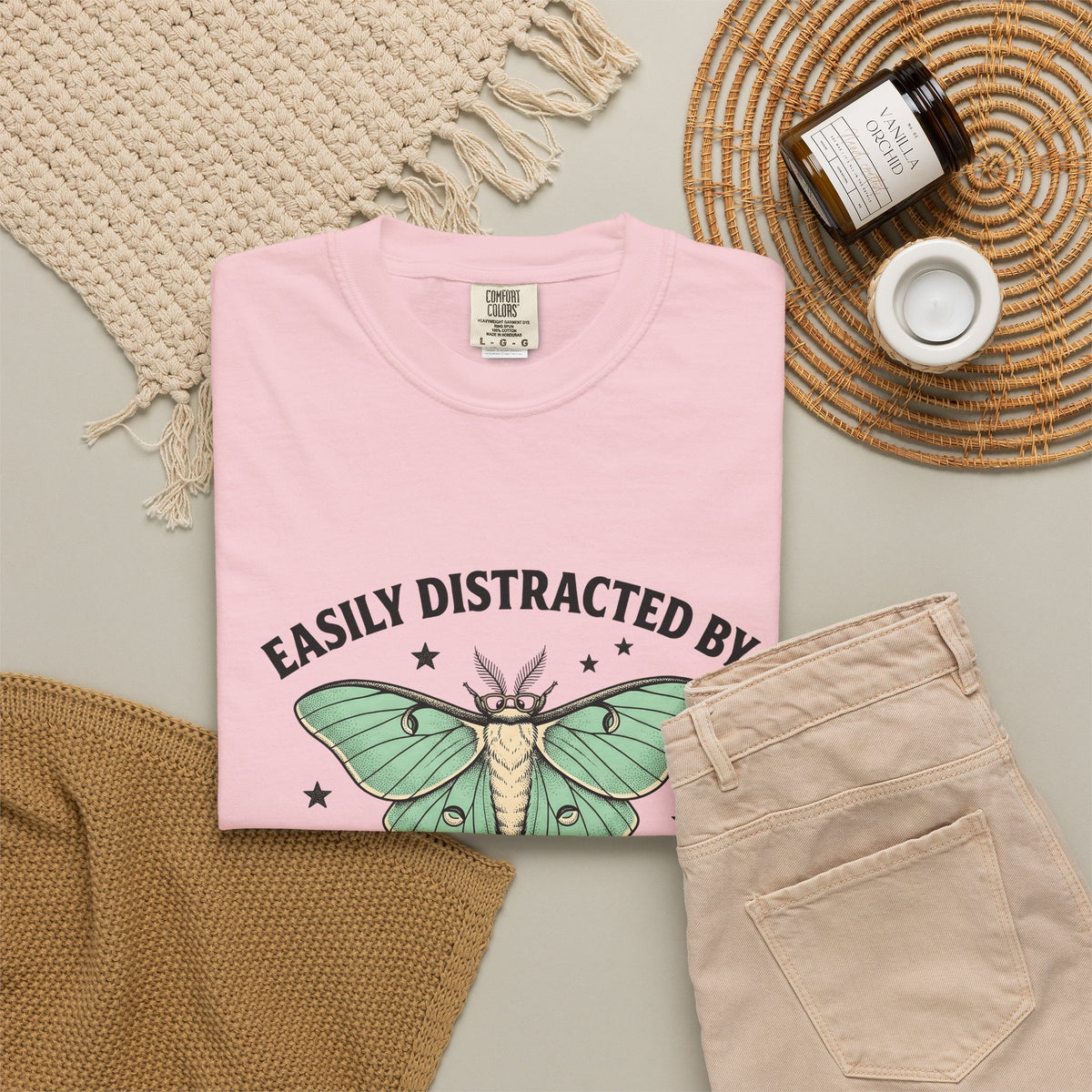 Luna Moth T-Shirt Funny Arthropod Gift Women Hand Painted T-Shirt Moth T-Shirt Humor Fan Hand Drawn T-Shirt Insect Graphic Cartoon Stars T-Shirt
