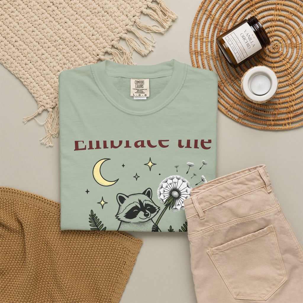 Raccoon Seed T-Shirt Cute Wildlife Gift Women Fanciful T-Shirt Trash Panda T-Shirt Adorable Fan Whimsical T-Shirt Animal Graphic Doodle Lunar
