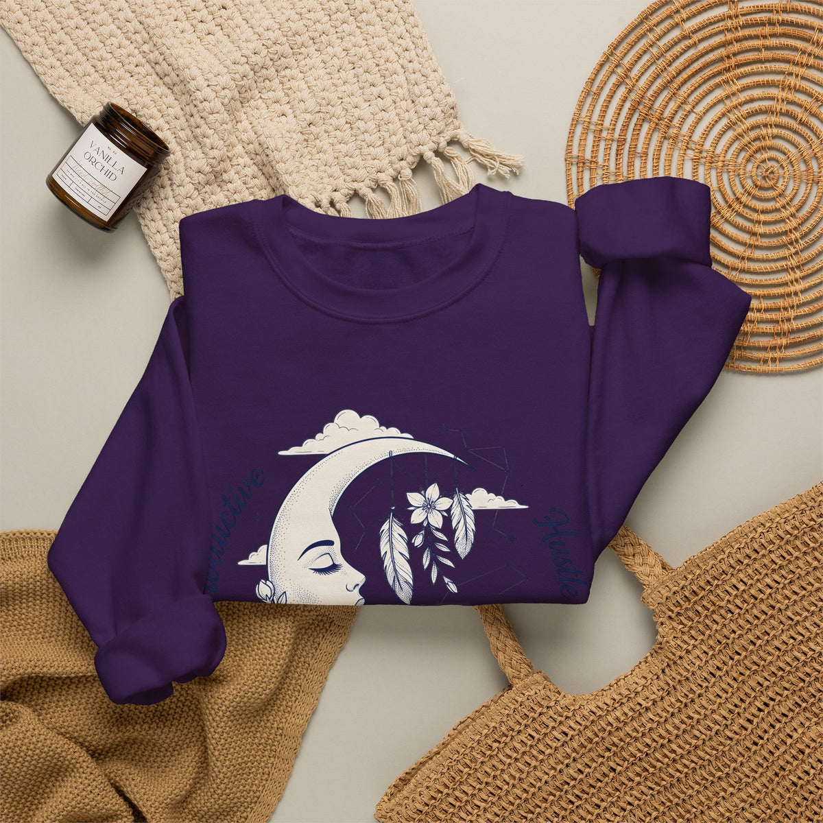 Moon Crescent Sweatshirt Boho Chic Night Sky Gift Women Tribal Sweatshirt Lunar Sweatshirt Bohemian Fan Ethnic Sweatshirt Galaxy Graphic Outline Wings Sweatshirt