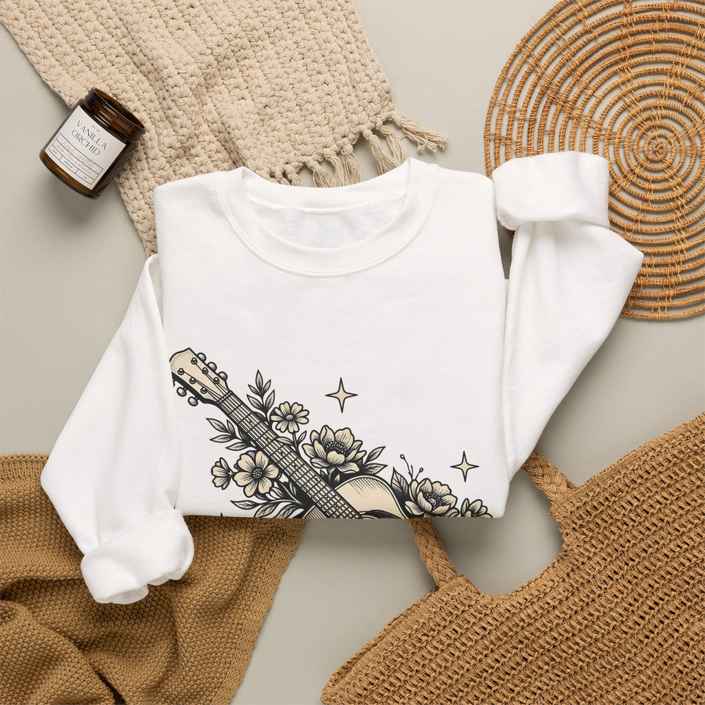 Blossom Guitar Sweatshirt Floral Melody Gift Women Illustrative Sweatshirt Guitar Sweatshirt Flower Fan Illustrated Sweatshirt Harmony Graphic Old School Star