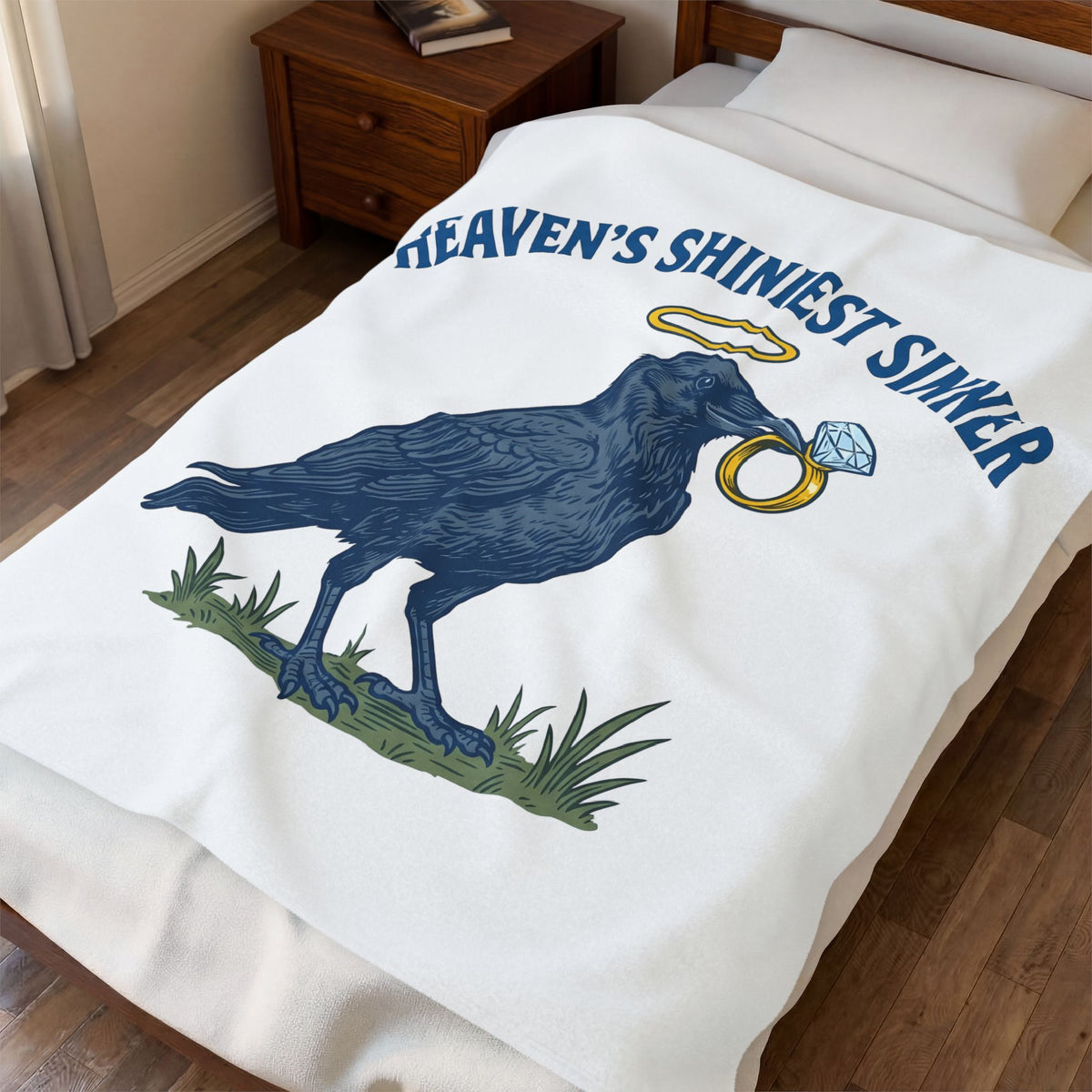 Raven Halo Blanket Funny Animal Gift Women Vintage Blanket Crow Blanket Humor Fan Retro Blanket Creature Graphic Hand Drawn Diamond Ring Blanket