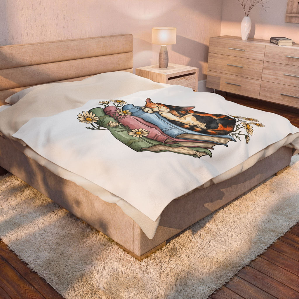 Calico Cat Blanket Cat Floral Gift Women Hand Drawn Blanket Kitten Blanket Cat Fan Illustrated Graphic Vintage Books Blanket