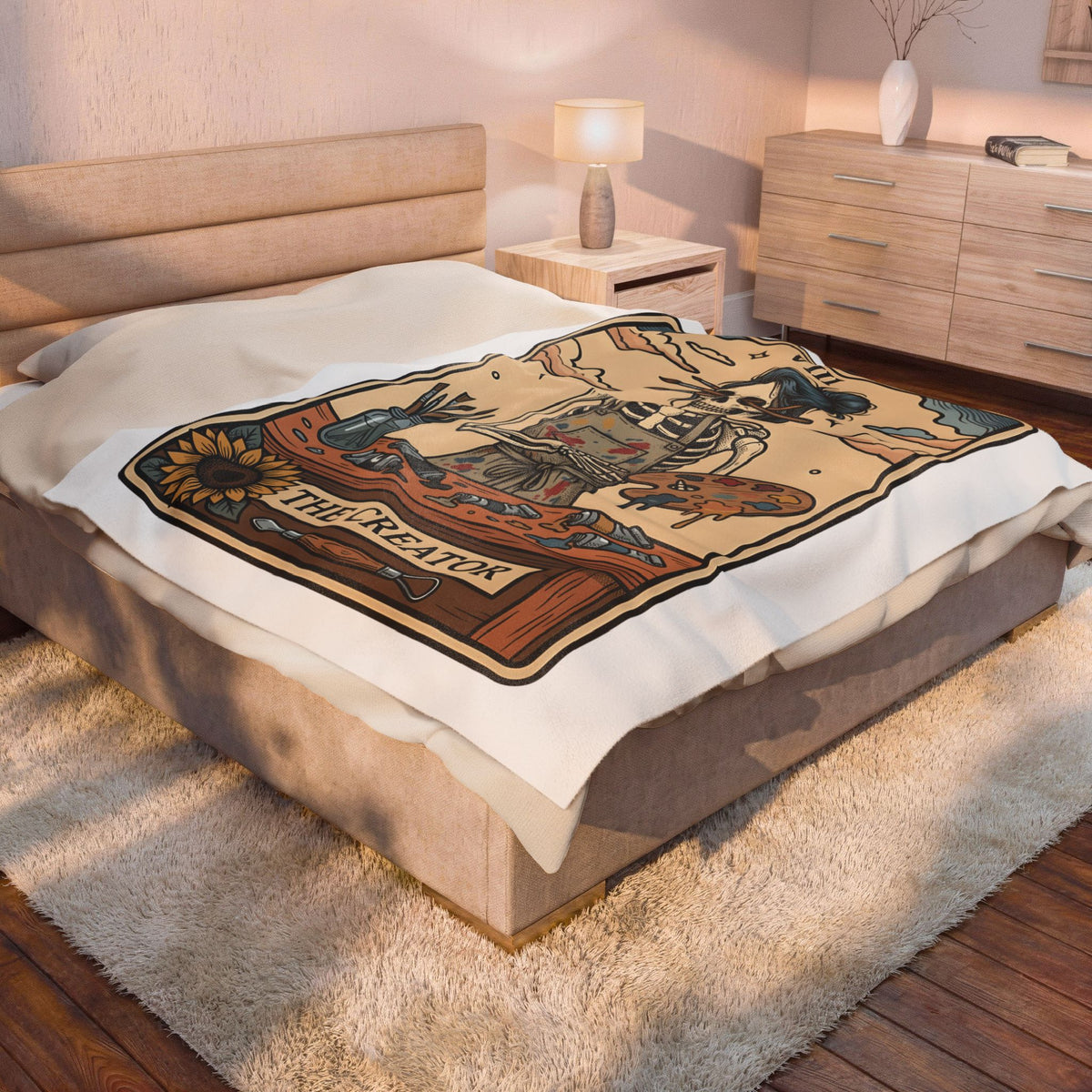 Skeleton Artist Blanket Artist Gothic Gift Women Tarot Card Blanket Skeleton Blanket Art Enthusiast Occult Graphic Blanket Vintage Sunflower Blanket
