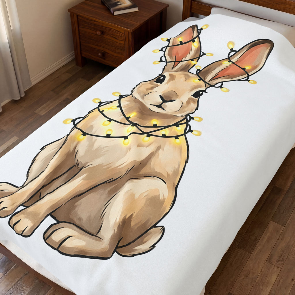 Bunny Blanket Animals Holiday Gift Women Cute Blanket Rabbit Blanket Pet Fan Cute Blanket Christmas Graphic Hand Drawn String Lights Blanket
