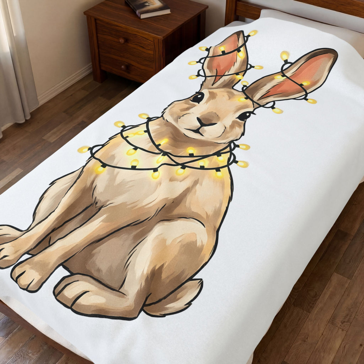 Bunny Blanket Animals Holiday Gift Women Cute Blanket Rabbit Blanket Pet Fan Cute Blanket Christmas Graphic Hand Drawn String Lights Blanket