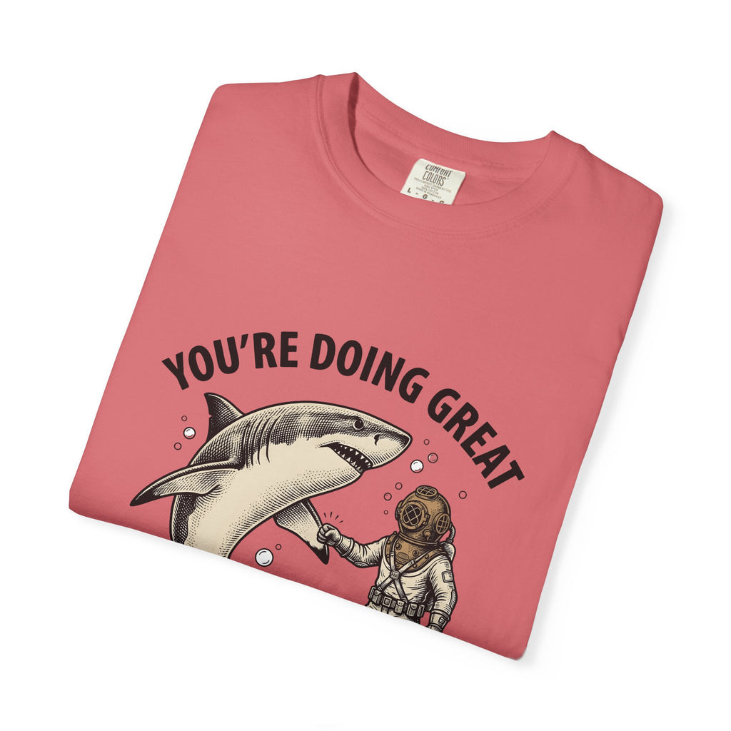 Shark Diver T-Shirt Funny Water Gift Women Hand Drawn T-Shirt Scuba Diver T-Shirt Humor Fan Oceanic Graphic T-Shirt Line Art Air Bubbles T-Shirt