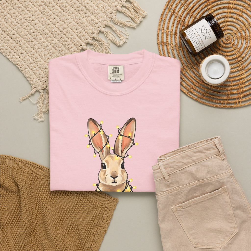 Bunny T-Shirt Animals Holiday Gift Women Cute T-Shirt Rabbit T-Shirt Pet Fan Cute T-Shirt Christmas Graphic Hand Drawn String Lights T-Shirt