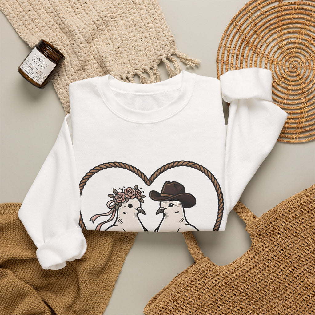 Dove Duo Sweatshirt Cowgirl Ranch Gift Women Classic Sweatshirt Pigeons Sweatshirt Rodeo Fan Rustic Graphic Sweatshirt Pen Drawing Braided Heart Sweatshirt