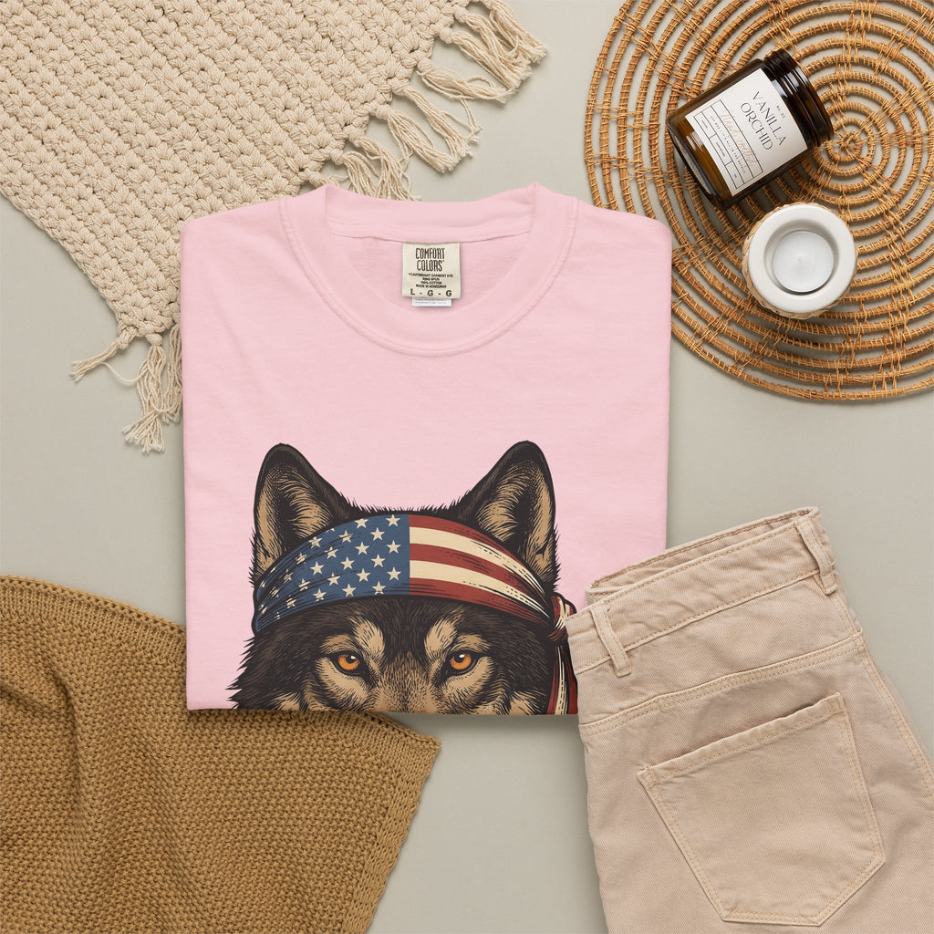 Wolf Face T-Shirt 4th Of July Wildlife Gift Women Retro T-Shirt Lupine T-Shirt Independence Day Fan Vintage T-Shirt Animal Graphic Sketch Flag