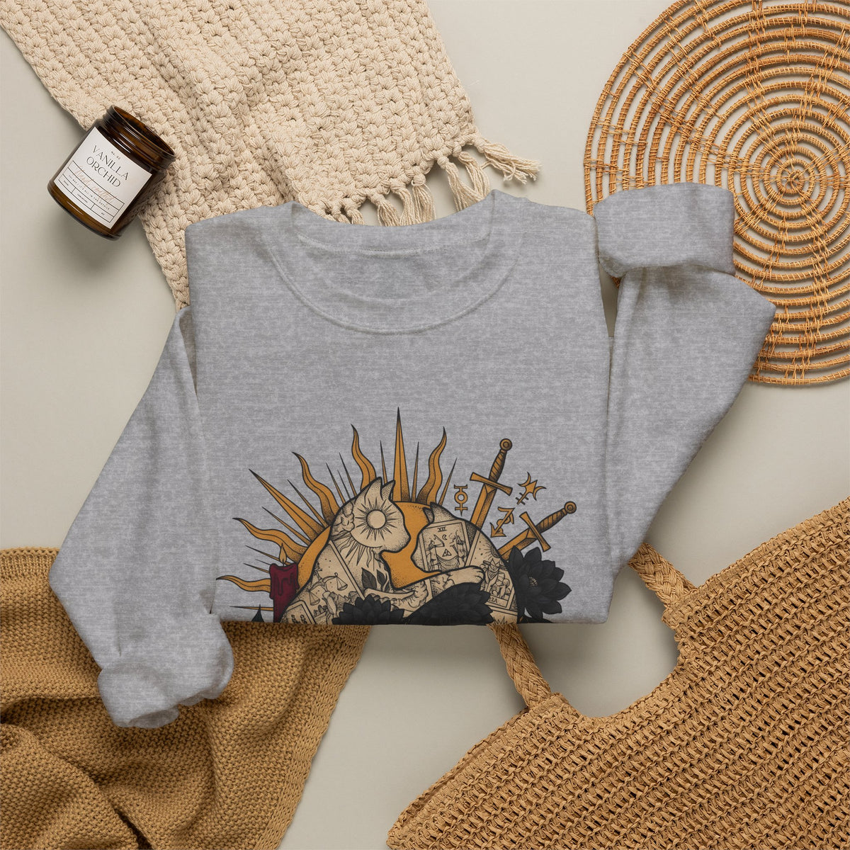 Oracle Cat Sweatshirt Cat Magic Gift Women Ink Sweatshirt Kitty Cat Sweatshirt Feline Fan Tattoo Sweatshirt Mystical Graphic Classic Dark Blossoms Sweatshirt